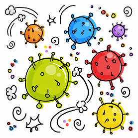 Ein Bild mit bunten Viren (Anspielung auf Coronavirus)