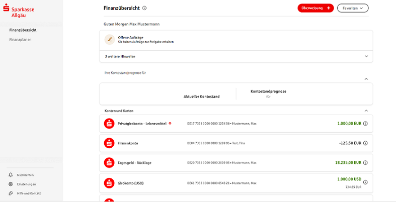 Screenshot von der Finanzübersicht im Online Banking der Sparkasse Allgäu