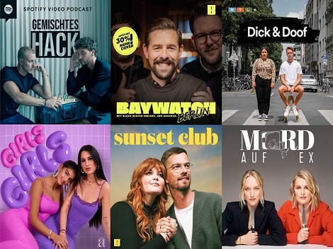 Podcast Cover: gemischtes Hack, Baywatch Berlin, Dick & Doof, Girls Girls, sunset club, Mord auf Ex | Quelle: Spotify