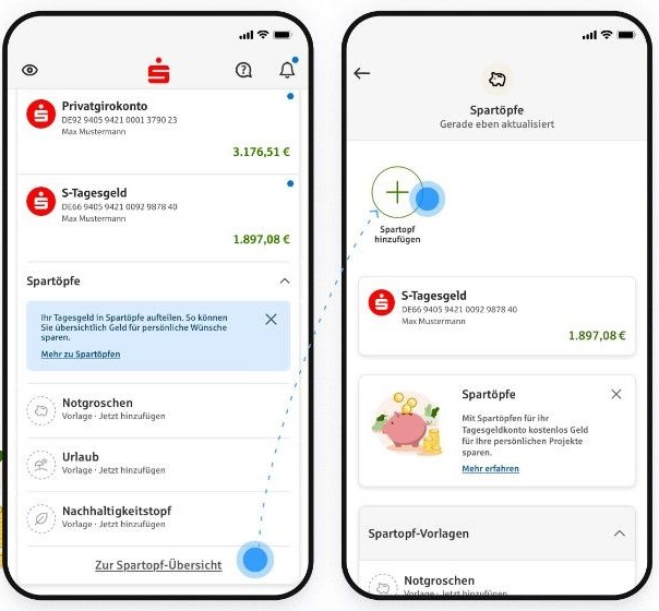 Spartöpfe Zwei Screenshots der Sparkassen-App: Konten mit Unterkonten Spartöpfe