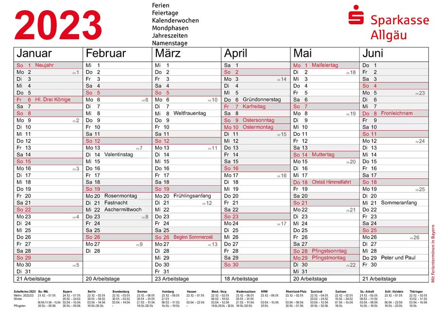 Kalender 2023 - Sparkasse Allgäu - ohne Namenstage und Mondphasen