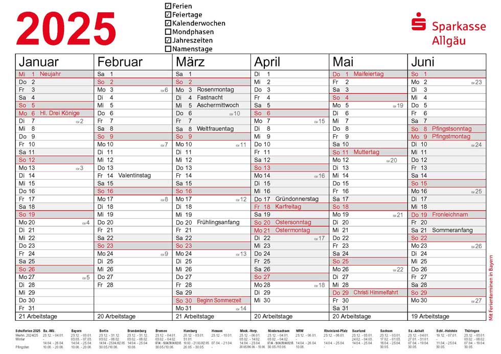 Kalender 2025 mit Vorauswahl - Sparkasse Allgäu