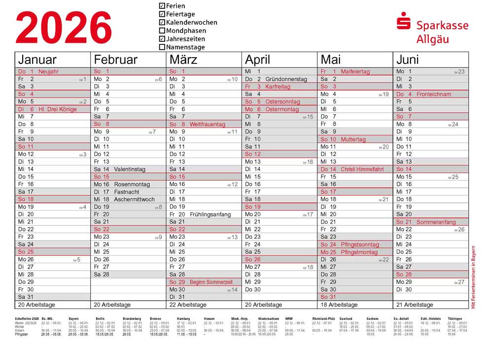 Kalender 2026 mit Vorauswahl - Sparkasse Allgäu