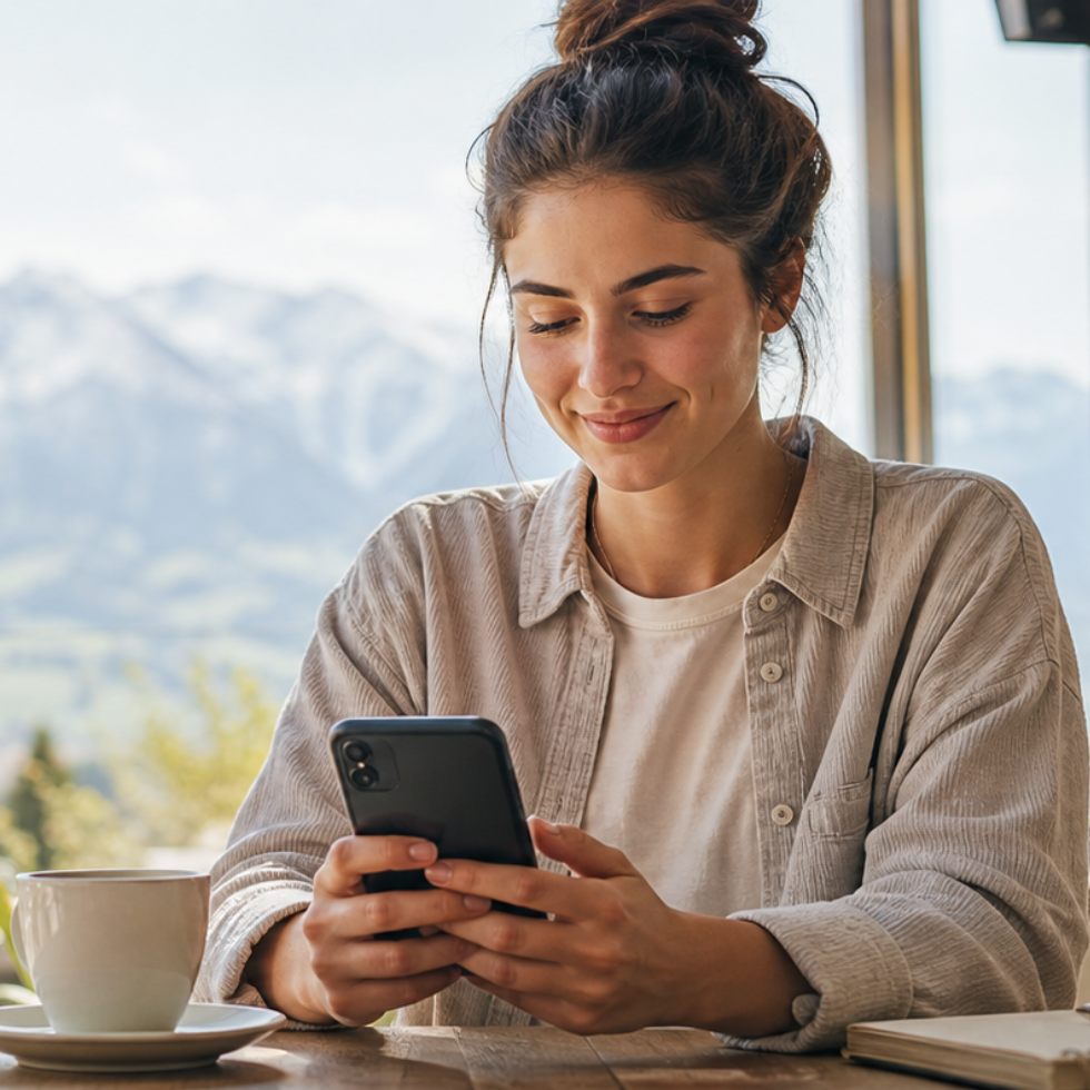 Junge Frau nutzt ihr Smartphone und informiert sich über ein Girokonto, das zu ihrem Alltag, Studium oder Berufseinstieg passt.