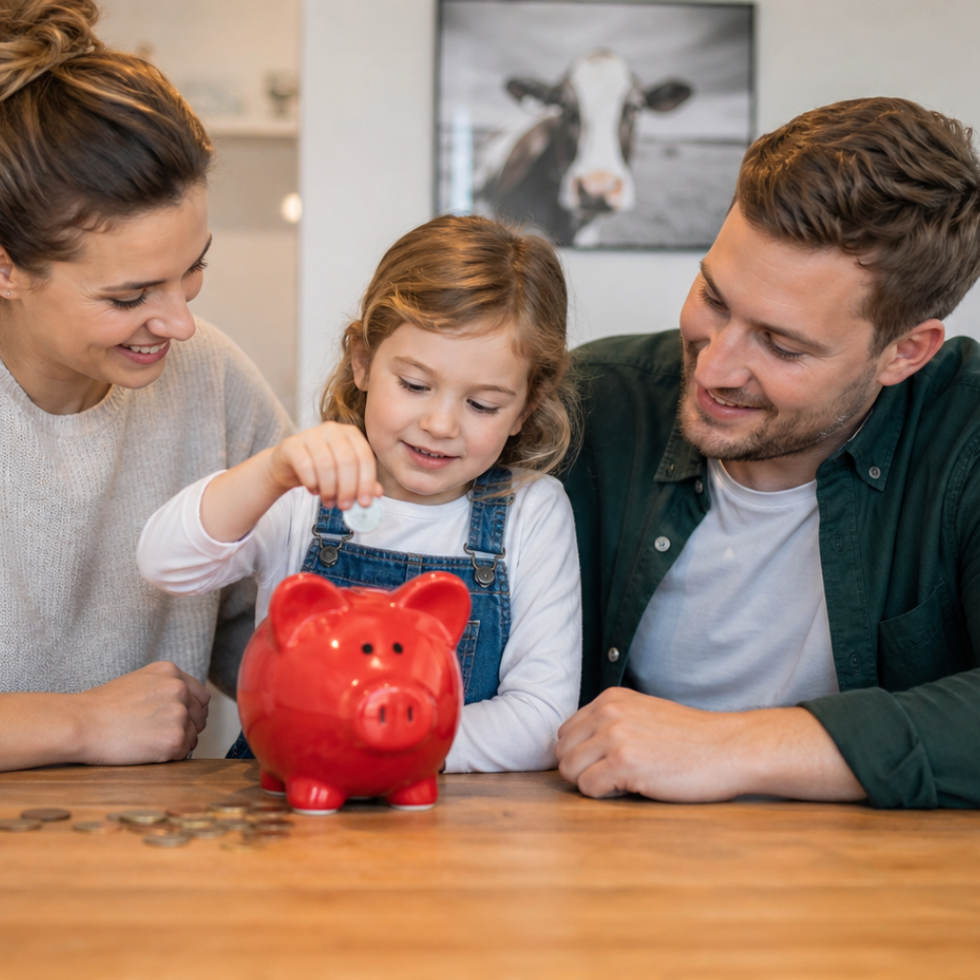 Kind spart gemeinsam mit den Eltern Geld und macht erste Erfahrungen mit einem eigenen Konto und dem bewussten Umgang mit Finanzen.