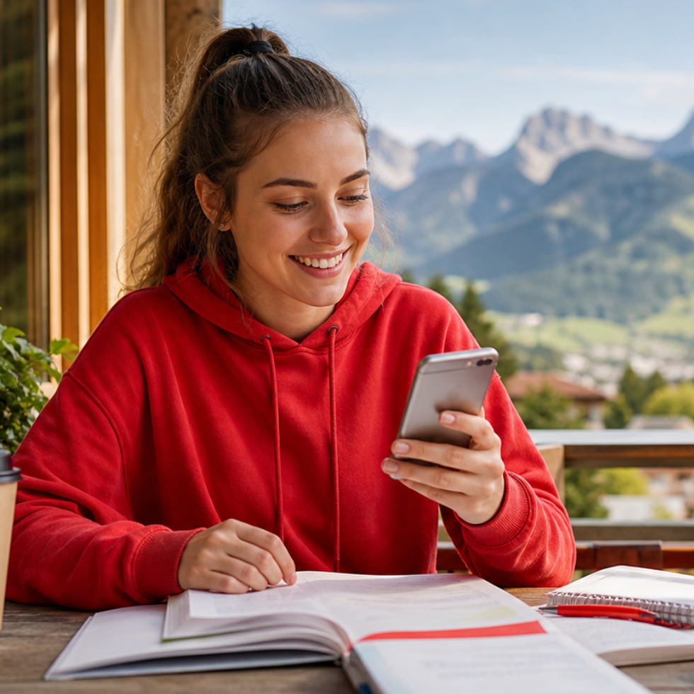 Junge Frau blickt auf ihr Smartphone und informiert sich über die Suche nach dem passenden Girokonto für ihre Lebenssituation.