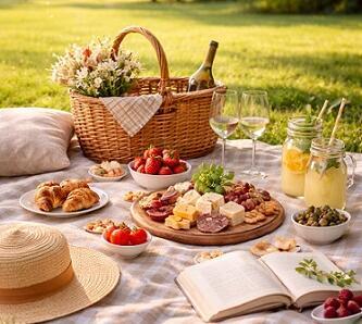Picknick auf einer Wiese bei schönen sonnigen Wetter
