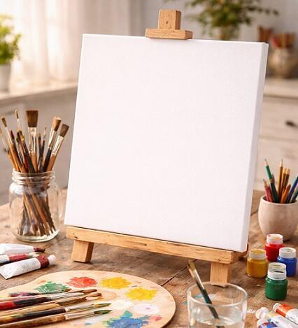 Leinwand mit vielen Malutensilien