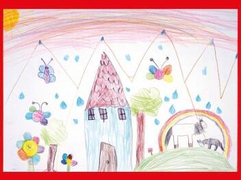 Buntes Bild mit Schmetterlingen und einem Haus