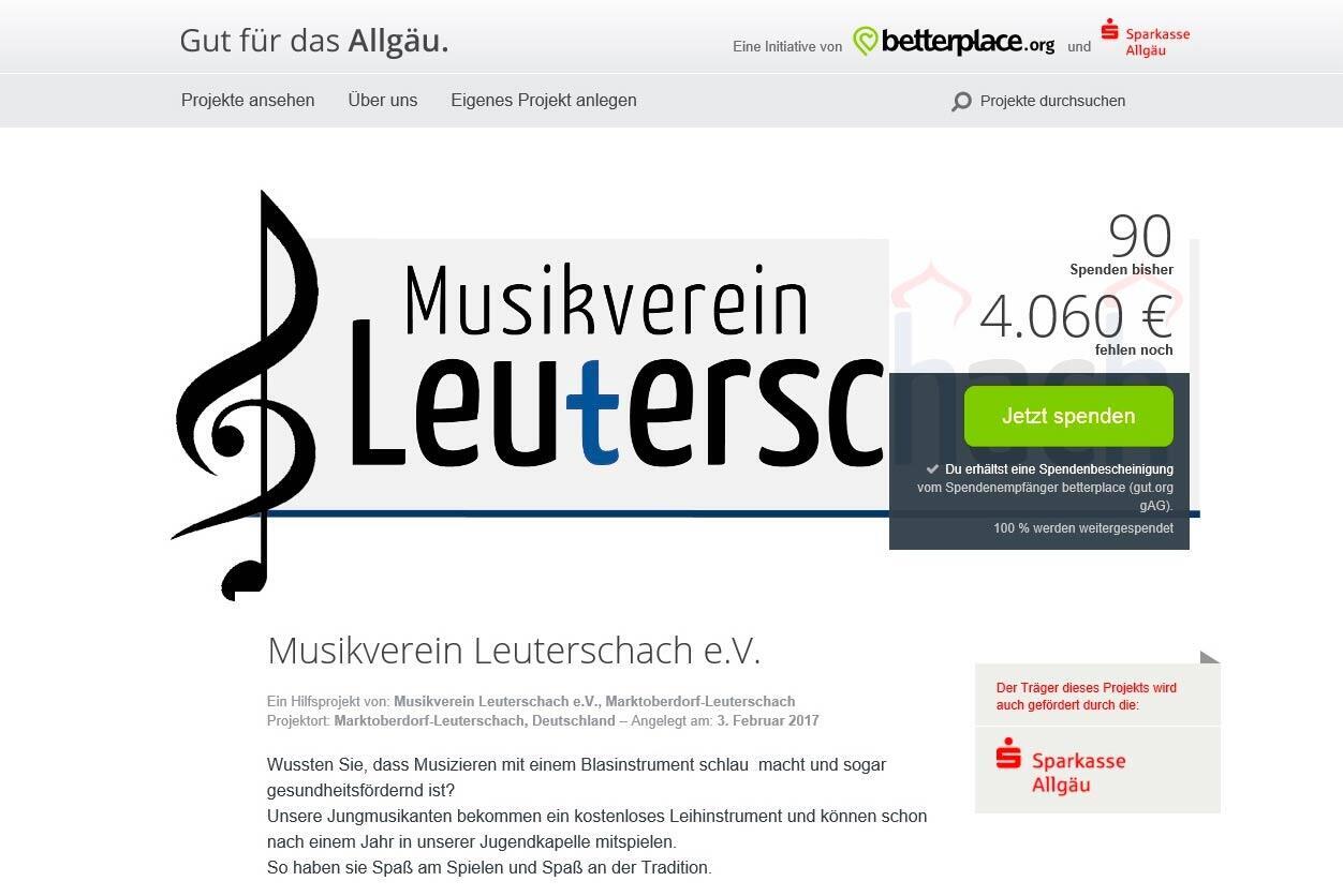 Das erfolgreichste Projekt vom Musikverein Leuterschach erhielt 14 Spenden mit einem Gesamtbetrag von 1.255 Euro