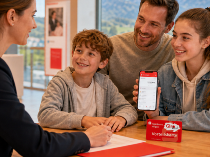 Ein Vater und seine beiden Kinder sitzen einer Sparkassen-Beraterin gegenüber.