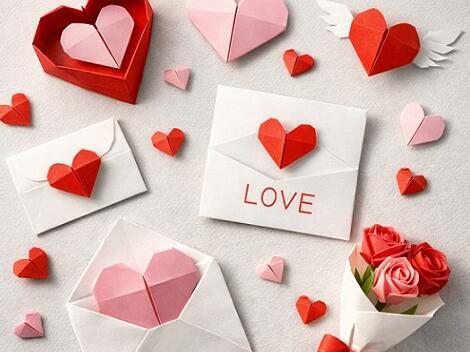 Aus Papier gebastelte Kuverts mit Herzen und einem kleinen Blumenstrauß