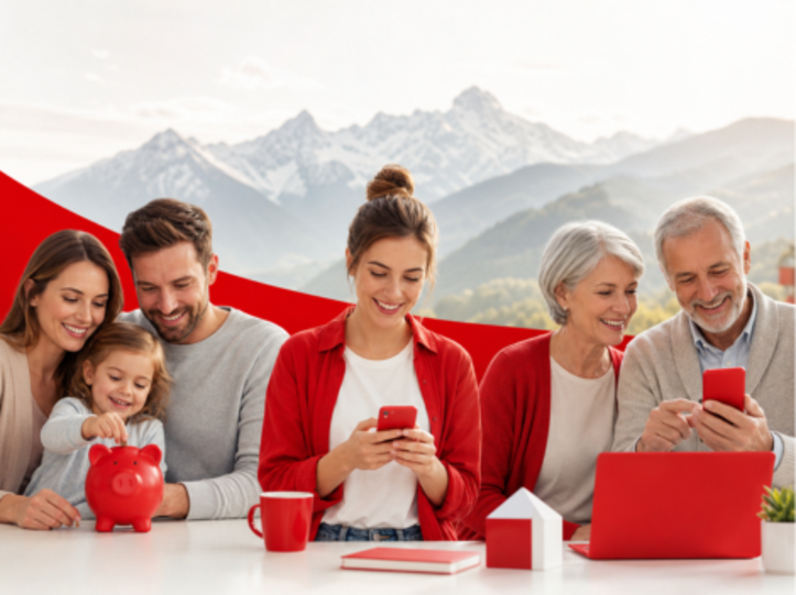 Familie, junge Erwachsene und Senior:innen nutzen im Allgäu gemeinsam digitale Banking-Angebote; ein Kind wirft Geld in ein rotes Sparschwein, während andere ein Smartphone und Tablet verwenden.