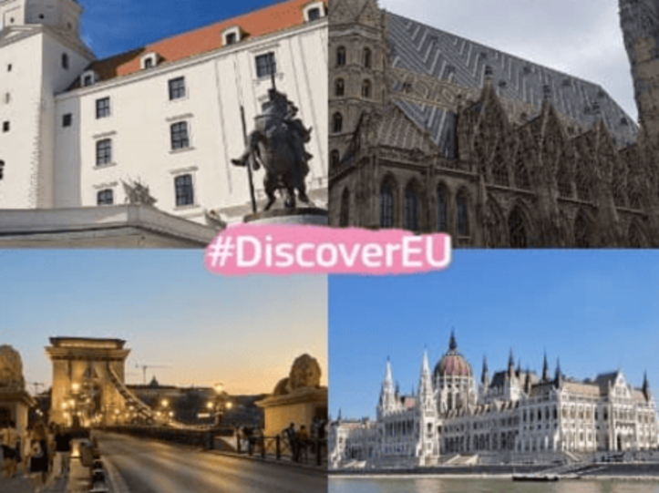 Collage mit Sehenswüridgkeiten der Städte Wien, Bratislava, Budapest mit einem Schriftzug #DiscoverEU